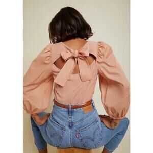 Nation LTD Shalom Bow Tie Back Top in Bisou Blush Pink Combo Puff Sleeve, XS